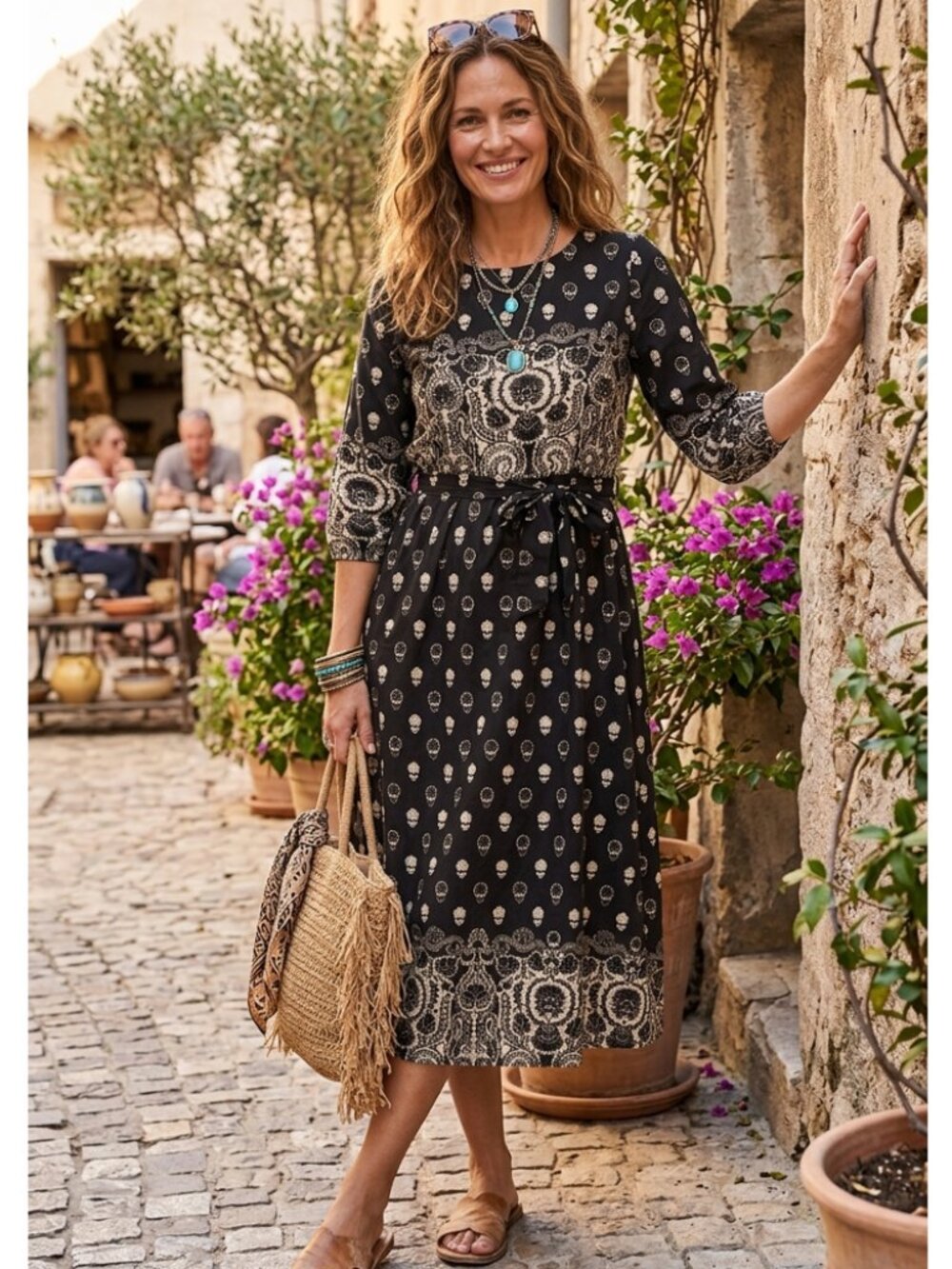Spighe Di Lino Women's XL Italy Black and White Midi Dress 3/4 Sleeve Cotton